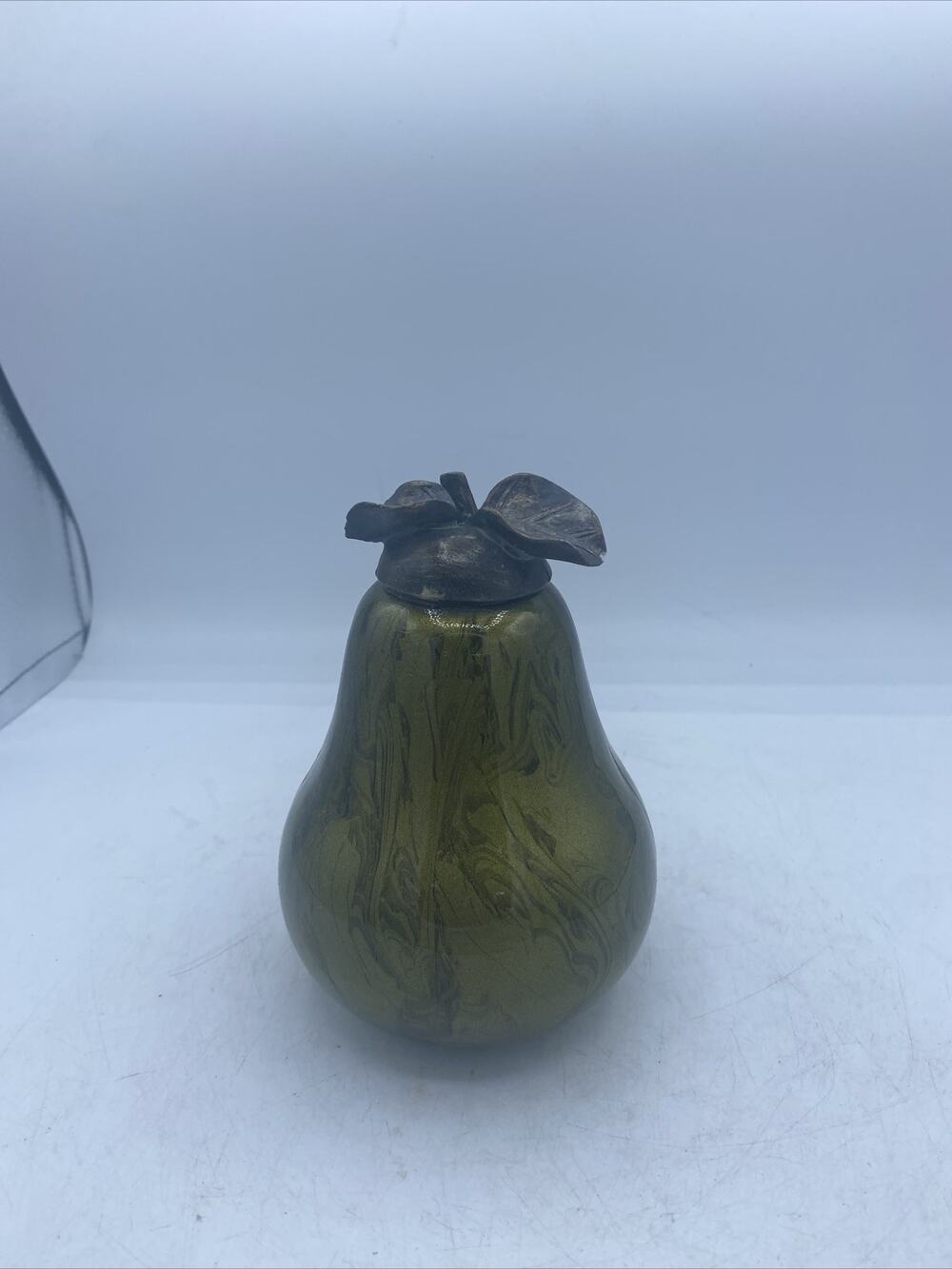 Beautiful Green Colored Glass Fruit With Metal Stems/leaves Blown Glass 5.5”Tall